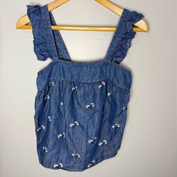 Harper Heritage Denim Ruffled Tank Top with Floral Embroidery | M - Picture 1 of 7
